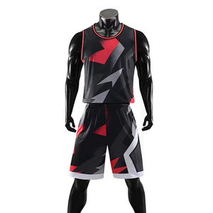 Ensemble de maillot et short de basket-ball personnalisé, noir et rouge, géométrique, uniforme d'équipe sublimé, respirant, séchage rapide, vêtements de sport - Product Image 1