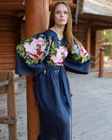 Robe longue à manches longues en lin 100% brodé à la machine, col en V, style bohème vintage, écologique, lavable, respirante et légère