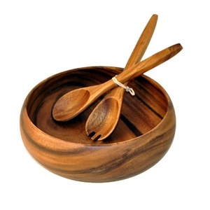 Bol à salade en bois de qualité supérieure avec ensemble cuillère et fourchette, finition naturelle, vaisselle de service pour la décoration de table, articles de cuisine - Product Image 3