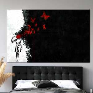 Tableau imprimé sur toile : Fille élégante avec un papillon dans un design abstrait, 1P : Prêt à accrocher - Product Image 1