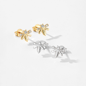 Women's Dainty Bee Shaped Stud <b>Earrings</b> 10K Solid Gold Round Cut Lab Grown Diamond Stud <b>Earring</b> <b>Screw</b> Flat <b>Back</b> Gift <b>for</b> Her - Product Image 4