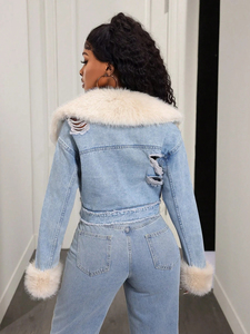 Vestes courtes en jean délavé tendance européennes et américaines, coupe ajustée, bleu tendance pour femme, bords bruts, prix abordable - Product Image 5