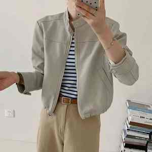 Automne femmes décontracté court Faux cuir Pu veste à manches longues motard col montant manteau respirant toile solide uni teint - Product Image 4