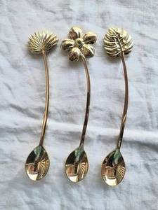 Vintage Design <b>Gold</b> Plated Stainless Steel <b>Spoon</b> Set of 3 Leaf Shape Handles Perfect for Wedding Kitchen Use Direct from India - Product Image 4