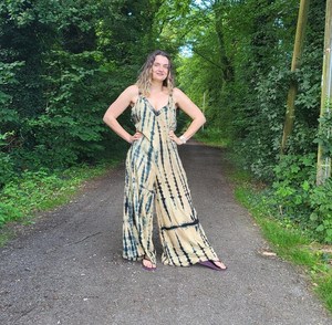 จั๊มสูทเอวสูงทรงหลวมมัดย้อมมีสายรัดขากว้างผ้าฝ้าย100% เป็นมิตรต่อสิ่งแวดล้อมเซ็กซี่แบบกอธิคขนาดใหญ่พิเศษสำหรับฤดูร้อน - Product Image 2