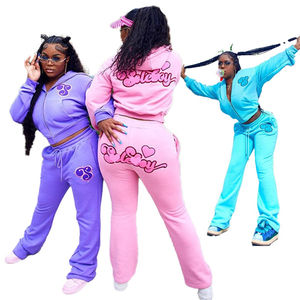 Ensemble de survêtement streetwear pour femme en 2 pièces, uni, brodé, respirant, veste zippée à manches courtes et longues, pantalon de survêtement, 100% coton - Product Image 1