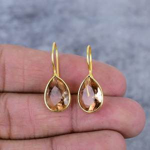 Morganite Pear Shape Gemstone 925 <b>Sterling</b> <b>Silver</b> Gold Plated <b>Wire</b> Earrings for Women Dainty Anniversary Earrings Gifts for Her - Product Image 2