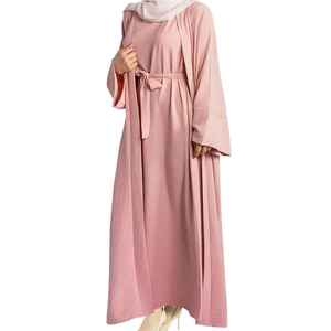 Abaya nuevo diseño Eid Dubai islámico elegante modesto personalizado mujeres musulmán vestido Abaya satén seda abierto Kaftan Abayas - Product Image 1