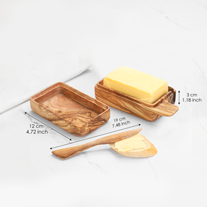 Plato de mantequilla rectangular tallado en madera de olivo tunecino ecológico Premium con tapa y cuchillo herramienta de cocina de estilo rústico - Product Image 2