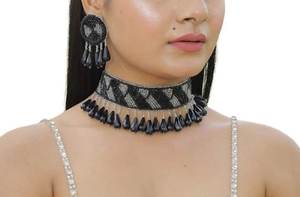 Fait à la main classique noir broderie perles collier ras du cou boucles d'oreilles ensemble grand mariage fiançailles anniversaire bijoux de mode-grand - Product Image 6