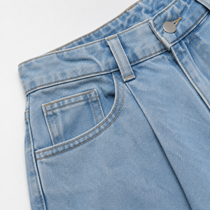 Jean en denim délavé taille haute pour femme, coupe ample, jambe large, longueur intégrale, en coton, décontracté, avec plis sur le devant, idéal pour le printemps, OEM ODM - Product Image 5