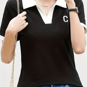 Vente en gros de t-shirts à manches courtes pour femmes, nouveaux hauts solides avec col, coupe ajustée, style décontracté, manches en coton personnalisées, décoration avec logo - Product Image 6