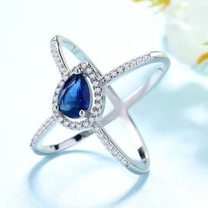 Anello a X in Argento Sterling con Design a Goccia d'Acqua, Zaffiro Rosa e Diamante, Placcato in Rodio, Taglio Geometrico per Occasioni Speciali - Product Image 2