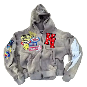 Ropa de calle de alta calidad de algodón de rizo francés Sun Faded Vintage Zip Up Washed Custom Distressed Bordado Patch Hoodies para hombres - Product Image 4