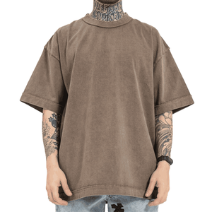 Camiseta de hombre OEM de peso pesado con cuello redondo recortada y desgastada, camiseta lavada con ácido con estampado de patrón cuadrado de gran tamaño de estilo corto - Product Image 3