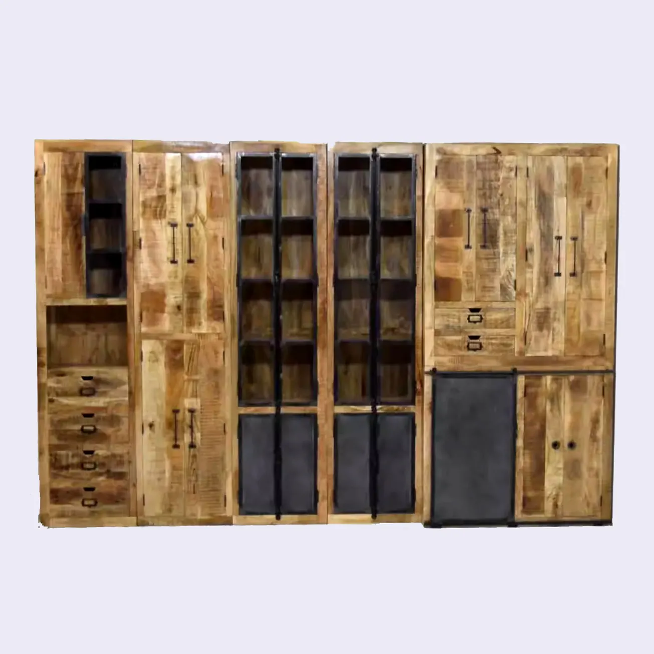 Industrial Design Three Part Storage Cabinet made from Solid Mango Wooden, Iron Sliding Door and Glass Door Display for Home