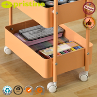 Chariot de rangement métallique à trois niveaux avec revêtement poudré, organisateur mobile à quatre roues pour fournitures de bureau et artisanat, forme rectangulaire, style minimaliste