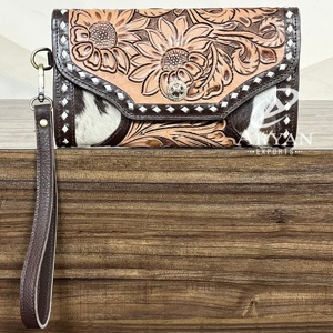 Western Style Handcrafted Tooled Leather Wristlet Wallet for Women Multiple Compartments Clutch <b>Purse</b> Cowhide Card Holder Wallet - Product Image 1