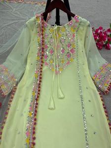 Georgette de imitación pesada con trabajo de secuencia de bordado pesado con espejo Real Trabajo hecho a mano con pompón Menos borde con manga completa - Product Image 6