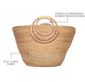 Bolsa de yute y algodón con asa de mimbre Bolsa de compras reutilizable para mujer - Product Image 1