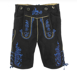 Auténtico alemán negro Lederhosen azul bordado vaca Split Suede Lederhosen para hombres - Product Image 1