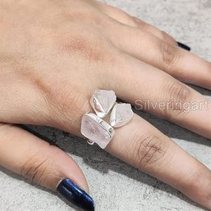 Bague pour femme en quartz rose naturel, pierre de naissance d'avril, triple pierre, réglable, bijoux faits à la main, bague en argent sterling 925 - Product Image 4