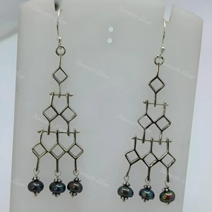 Handmade Sterling Silver <b>Grey</b> <b>Pearl</b> Dangle <b>Earrings</b>, Geometric Design - Product Image 4