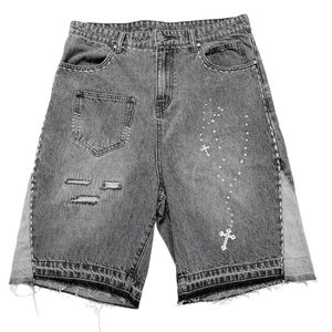 Wholesale DENIM Custom Embroidery Logo Short Rhinestone Distressed Denim Shorts Acid Wash Customization <b>Jeans</b> Shorts <b>for</b> <b>Men</b> - Product Image 1