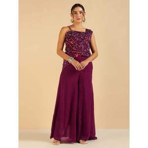 Woven Chiffon Bohemian Spring/Summer Wine Bandhani Strappy <b>Square</b> Neck Breathable Top with Sharara Saree Fusion Women Co-Ord <b>Set</b> - Product Image 6