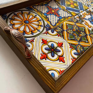 Plateau moderne en bois de noyer pouf avec poignées plateau de service pour la décoration de salon idée cadeau pour la maison - Product Image 1