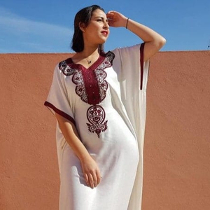 Robe longue à manches mi-longues pour femme, vêtement de plage, style bohème, broderie blanche, Kaftan, tenue de soirée, grande taille - Product Image 1