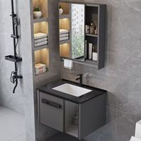 Meuble-lavabo mural gris pour salle de bain avec porte en verre côtelé et vasque en céramique