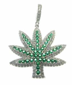 Colgante de hoja de Cannibus de Plata de Ley 925, planta de marihuana helada chapada en rodio, joyería de Hip Hop para hombres con verde y transparente - Product Image 3