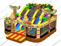 Parcours d'obstacles gonflable sur le thème tropical hawaïen avec toboggan double piste et échelle adhésive pour aire de jeux et parc d'attractions