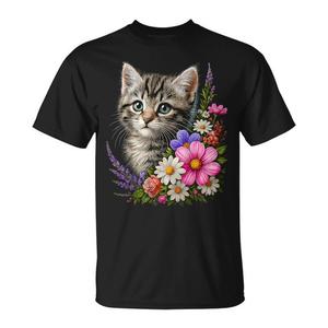 Maglietta Floreale con Gattino Carino, T-Shirt Promozionale con Stampa Floreale per Gatti - Product Image 1
