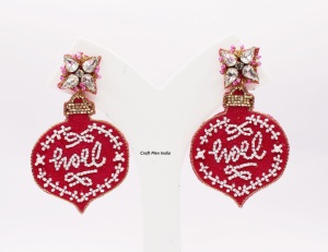 ต่างหูปักต้นคริสต์มาสสีเขียวสไตล์คลาสสิกทำด้วยมือพร้อมลูกปัดแก้วเครื่องประดับวันหยุดจากอินเดีย - Product Image 3