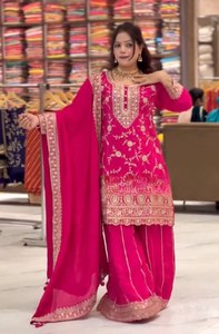 Magnifique costume palazzo en georgette rose vif avec travail de zari, tenue traditionnelle pakistanaise et indienne pour les invités de mariage, séchage rapide - Product Image 4