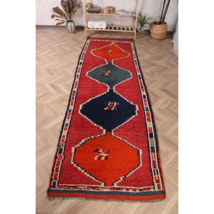 Turkish Rug, <b>Runner</b> 3.1x9.8 ft Vintage Rug, <b>Red</b> Blue Ombr Wool Rug - Product Image 1