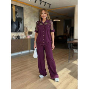 Conjunto de Dos Piezas de Chaqueta y Pantalón Modal con Detalles de Malla y Botones, Modelo Kadin Kisa Kollu Yakali Onu, 37679 - Bordo - Product Image 6
