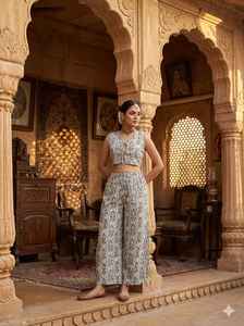 Conjunto de Dos Piezas Midi con Estampado Digital Indio, Top Corto de Algodón y Pantalones Palazzo de Pierna Ancha, Ropa de Verano Estilo Boho para Festivales, Lavable - Product Image 6