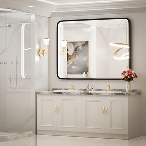 Miroir LED élégant pour les espaces de bain Grand design rectangulaire arrondi Rétroéclairage noir Style moderne illuminé pour les hôtels - Product Image 2