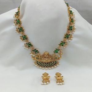 <b>Indian</b> Made Traditional Tempal Laxmi Necklace Jewellery Set with Green Color Matching Earrings For Women And Girls - Product Image 1
