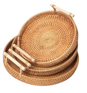 Handmade Rattan Tray <b>Set</b> with Wooden Handle Woven Decorative Wicker Bamboo for Dining Coffee & Tea for <b>Serving</b> Fruit Bread Food - Product Image 1