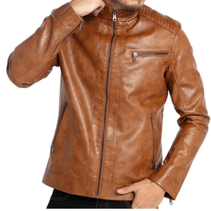 Chaqueta de piel sintética marrón para hombre, ajustada, estilo de motocicleta, ligera, duradera, prendas de vestir exteriores, cuello levantado, cremallera, cuero Zootex - Product Image 3