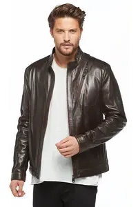 แจ็กเก็ตหนังแกะแท้สำหรับผู้ชายเสื้อแจ็กเก็ตหนังแฟชั่นมีกระเป๋าซิปเก๋ไก๋สีน้ำตาลหนังแท้ปรับแต่งได้ - Product Image 3