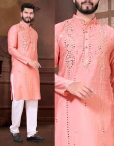 Dhwaja Export Kurta traditionnelle en soie pour hommes avec motif de style solide Mariage élégant et toutes occasions Style Regal - Product Image 4