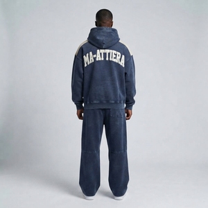 Conjunto de chándal de dos piezas para hombre, estilo streetwear, con sudadera con capucha azul marino extragrande con cremallera y pantalones deportivos holgados. - Product Image 4