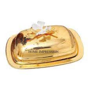 Beurrier de créateur indien en aluminium moulé de haute qualité plaqué or de forme ronde de qualité luxueuse fabriqué en métal avec des feuilles de gingko - Product Image 5