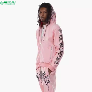 Men <b>Pink</b> Zipper Hoodie <b>Tracksuit</b> Sleeve Printed 400 GSM Letter Pattern Zipper Closure Loose Fit Streetwear Jogger <b>Set</b> Spring - Product Image 2