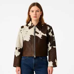 Da bò đích thực tự nhiên Tóc da áo khoác đau khổ Biker phong cách mùa đông đứng cổ áo phía trước tùy chỉnh thoáng khí Windproof - Product Image 2